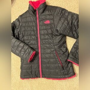 North Face girls pink fuzzy reversible puffer jacket